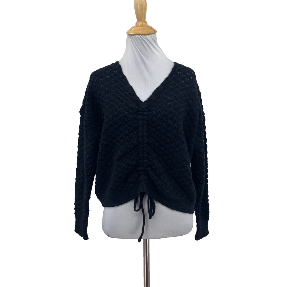 Molly Bracken Sweater Womens XS Black Knitted V Neck Cropped Drawstring Ruched